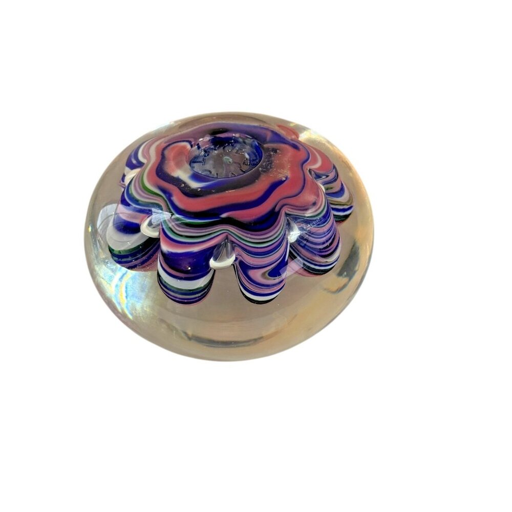 Art Glass Paperweight Signed Joe St. Claire, Ribbon Crimp blue, pink, white - Picture 7 of 10